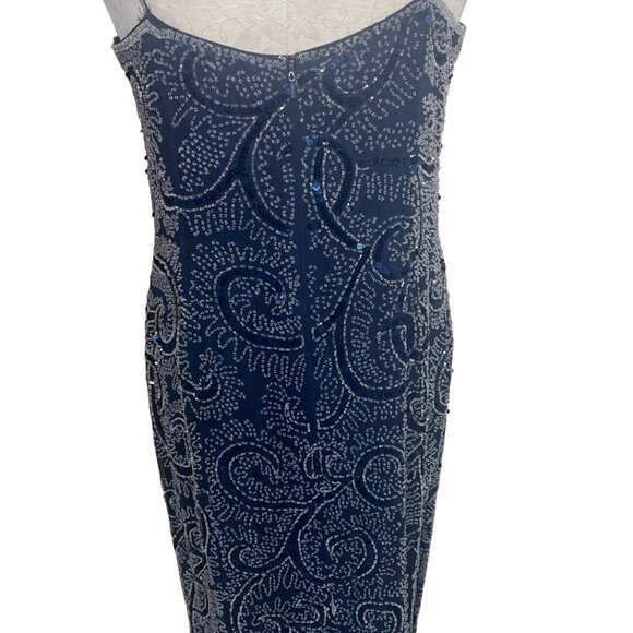 Oleg Cassini Vintage Womens Dress Jacket Set Size 10 Blue Beaded Slip Pure Silk - Picture 11 of 16